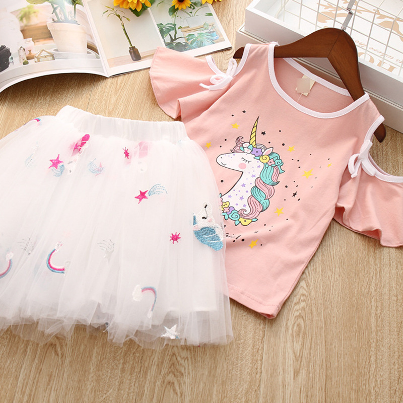 Pink Hot Sale Unicorn Skirt Fall Wholesale Baby Girls Children Boutique Off Shoulder Casual Summer Kids Clothing Princess Dress