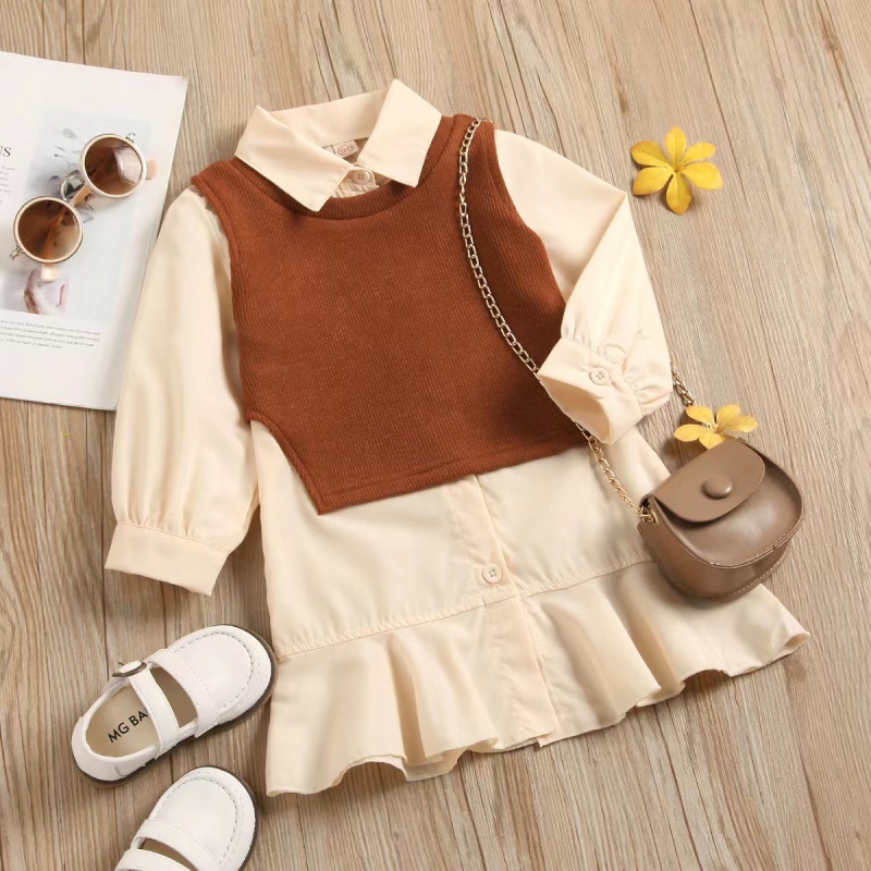 Conyson Hot Sale Vest+Shirt Dresses 2 Piece Kids Clothes Set Elegant Solid Button Shirts Children Fashion Outfits