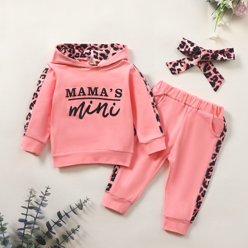 Conyson High Quality Spring Autumn Mini Letter Pullover Hoodie Sport Leopard Printed Kids Clothing 3pcs Baby Girl Clothes Sets