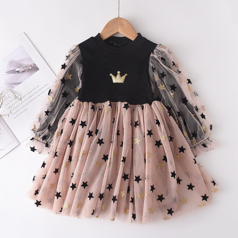 Factory Customization Woolen Cotton Ball Gown Below Knee Girl Solid Long Sleeve Dress Children