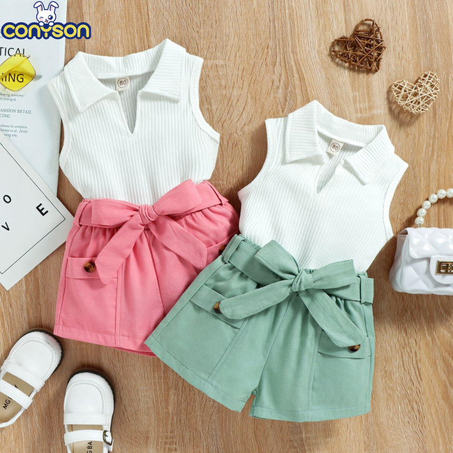 Conyson Hot Sale Girls Fashion Summer Europe Style Sleeveless V-Neck Cotton Pocket Polo Shirt Strip with bow 2 Pcs Girls Set