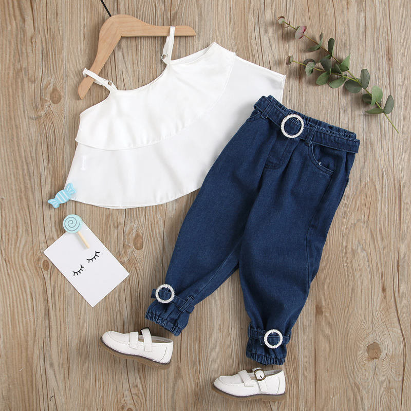 Conyson New Kids Outfits Girls Solid Tank Tops With Belt Shorts Pants 2Pcs Cotton Kids Clothes Summer Kids Girls Clothing Set