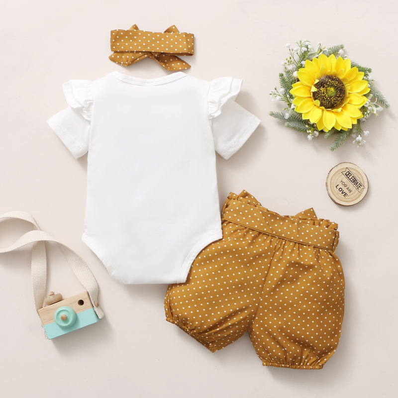Customized Newborn Baby Girls Printing Clothes Suit Baby Short-sleeve Alphabet Romper + Polka-dot Shorts Sets