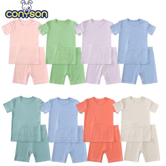 Conyson New Arrival 2023 summer children clothes wholesale toddler baby boy girls bamboo cotton plain short clothing sets