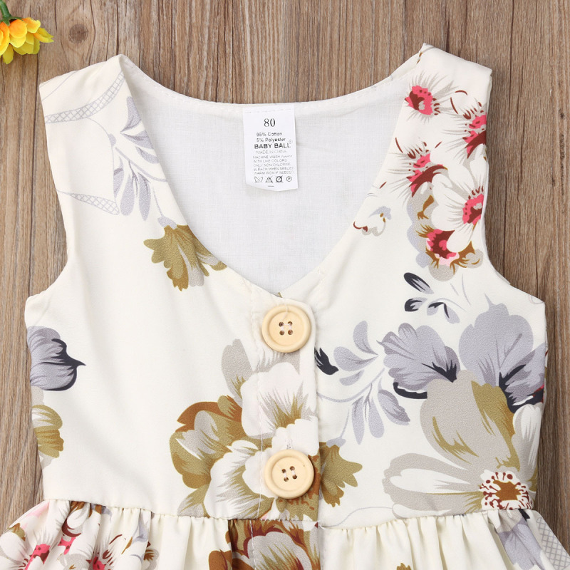 Conyson Wholesale Summer New Kids Clothes Children Baby Girls Sleeveless Printed Skirt Button Big Flower Cotton Baby Girls Dress