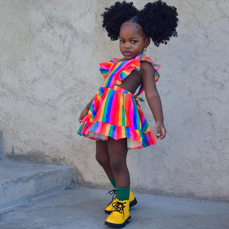Conyson Cotton Casual Princess Short Dresses Colorful Rainbow Striped Sleeveless Ruffle Little Girls Pinafore Dress