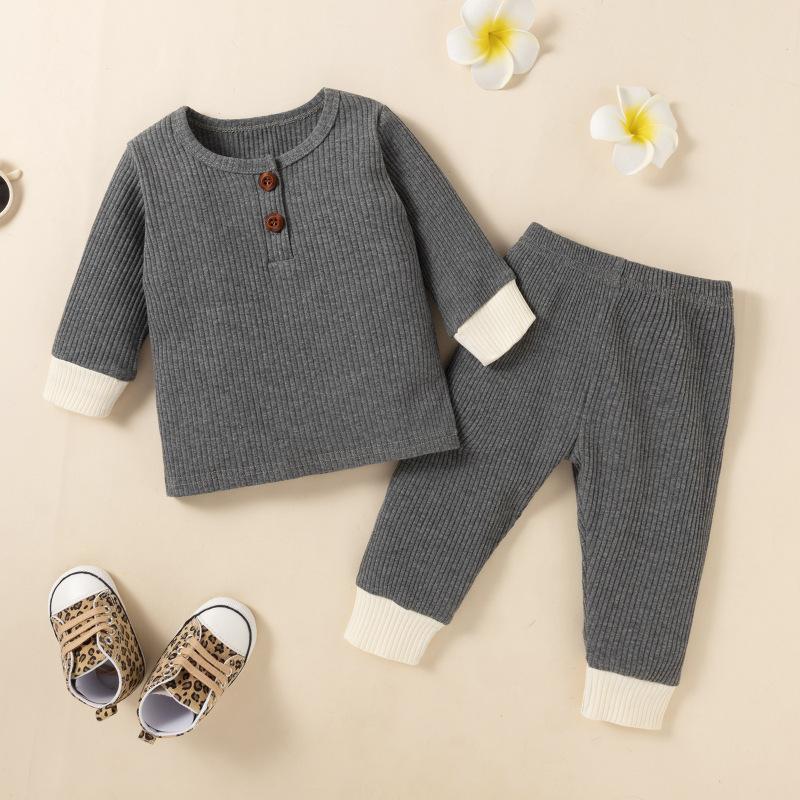 Conyson hot sale autumn winter fashion toddler baby boy girls' solid infant kids clothes set 100% cotton boutique clothing sets