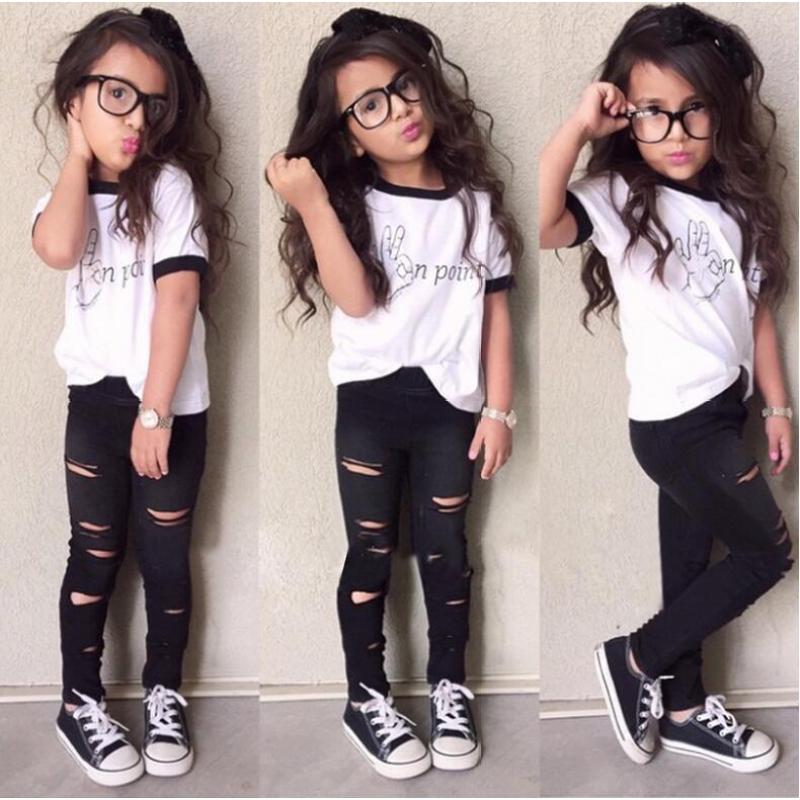 casual kids summer girls 2piece clothing suit set Children's Clothing Ok Letter Printed T-shirt + Holed Leggings Two-piece Suit