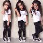 casual kids summer girls 2piece clothing suit set Children's Clothing Ok Letter Printed T-shirt + Holed Leggings Two-piece Suit