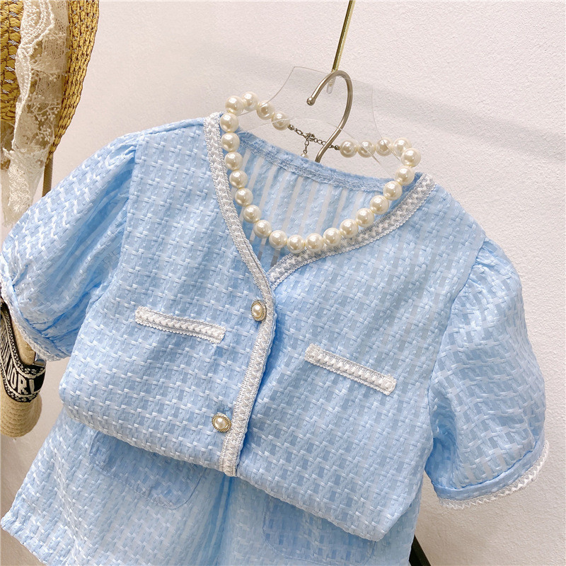 Conyson Hot Sale Toddler girl's suit new little girl fragrant style puff sleeve plaid top and skirt two-piece set