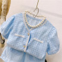 Conyson Hot Sale Toddler girl's suit new little girl fragrant style puff sleeve plaid top and skirt two-piece set