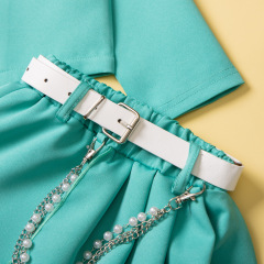 Conyson Latest Design Spring Autumn 3 to 8 Years Old Solid Candy Color With Belt Girl Children Kids Two Piece Short Sets