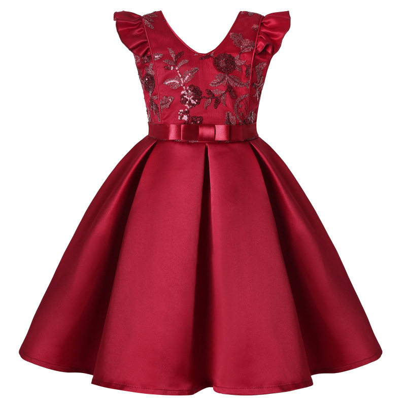 Conyson New Little Flying Sleeve Wholesale Embroidery Children Sequin Dress Skirt Festive Party Princess Fancy Girls Dress