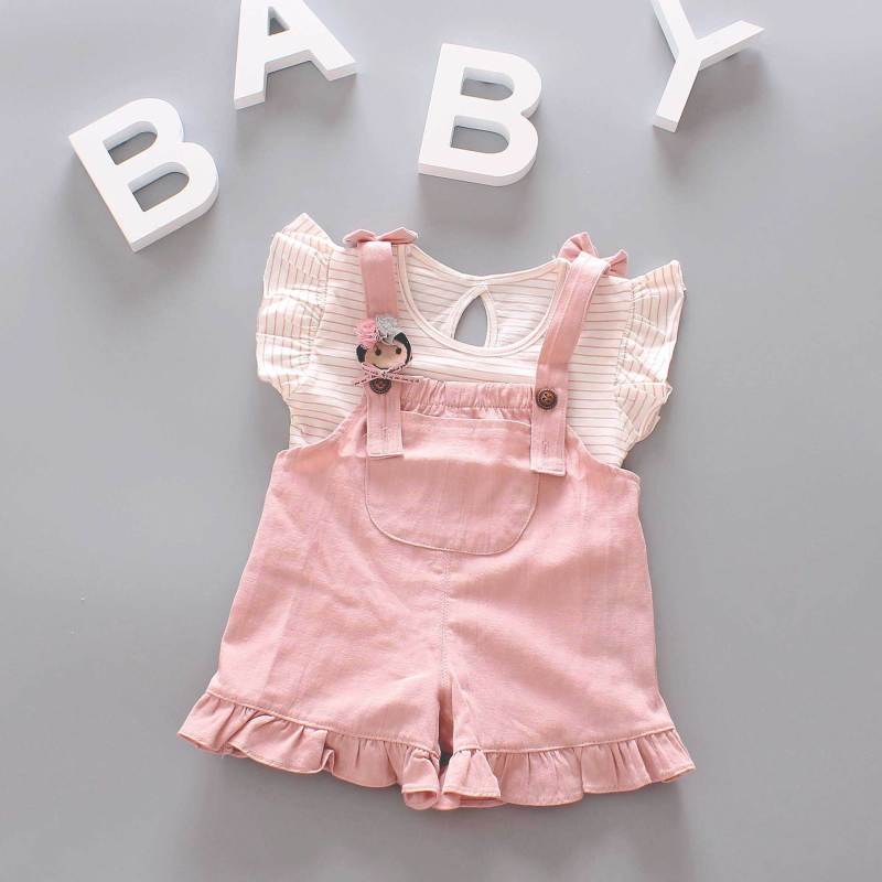 2021 Children's Cute Stripe High Quality Summer New Fashion Little Girls Striped Blouse With Suspenders 2 Piece Set