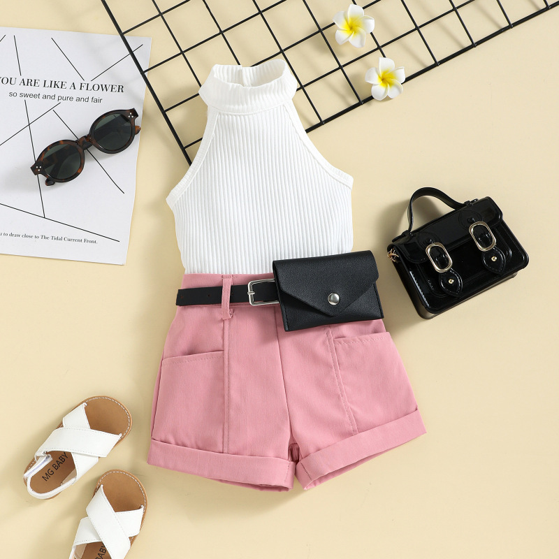 Conyson Wholesale Hot Summer Fashion Baby Girls Clothes Sets Solid Sleeveless Halter Knit Vest+Shorts With Belt Bags Casual Suit