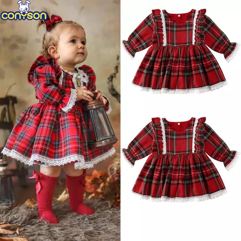 Christmas Girls Red Dress Toddler Baby Kid Girls Lace Ruffles Tutu Party Dress Plaid Xmas Costumes Children Clothes