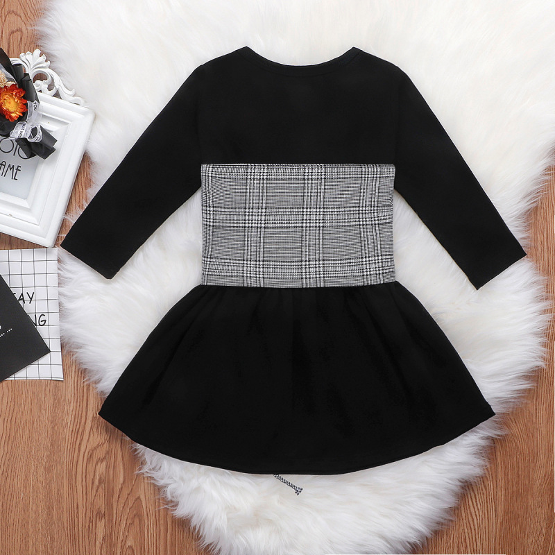 Wholesale Long Sleeve T-Shirt Dress+Plaid Waist Band Children Spring Outfit Baby Girls Boutique Bell Sleeve Black Dress