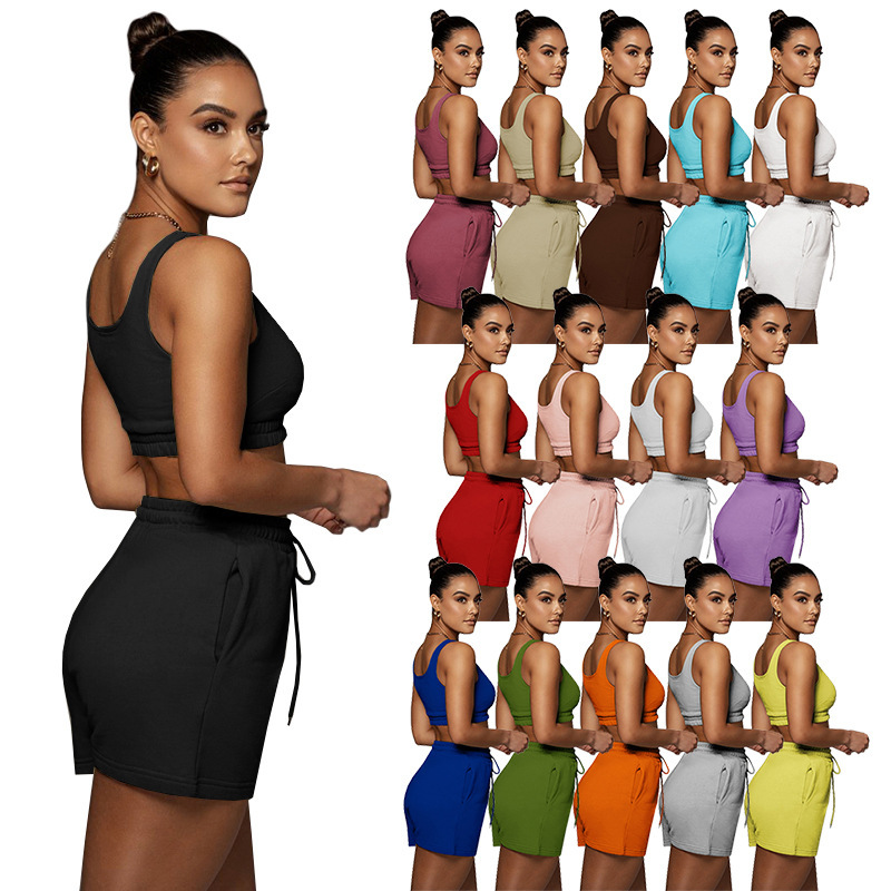 Conyson Hot Solid Color Double Layer Vest Suit Popular Sports Sleeveless Stitching Ladies Vest Sports Suit Two Piece Pants Set