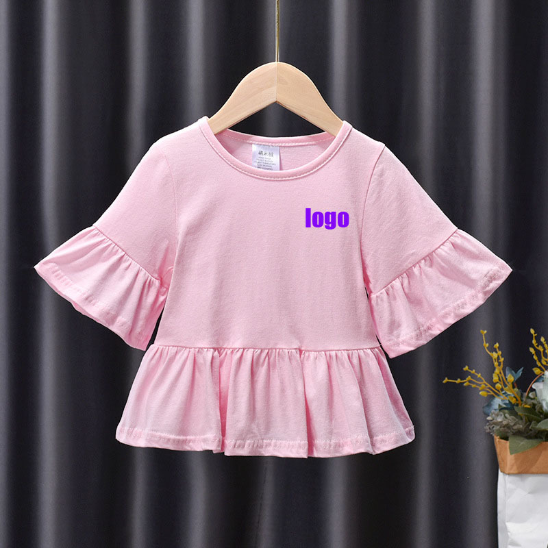 Conyson boutique custom logo made Korean teen kids Fashion pure color fold wide sleeve wear Girl clothing one piece girl T-shirt