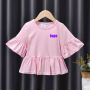 Conyson boutique custom logo made Korean teen kids Fashion pure color fold wide sleeve wear Girl clothing one piece girl T-shirt