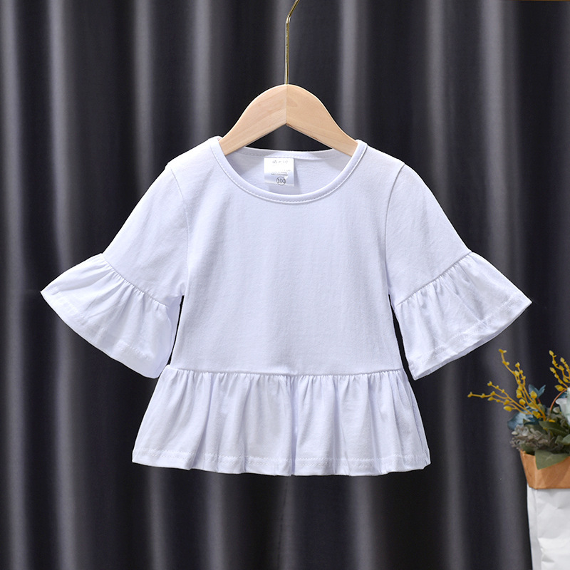 Conyson boutique custom logo made Korean teen kids Fashion pure color fold wide sleeve wear Girl clothing one piece girl T-shirt