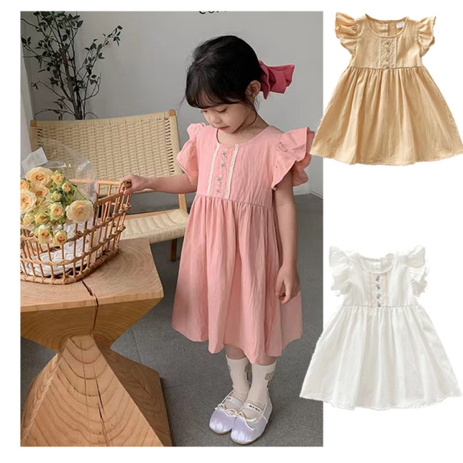 Conyson Wholesale 2023 Embroidery Summer Ruffle Flower Casual 2-8 Years Fairy Flying Sleeve Formal Wedding Kids Princess Dress