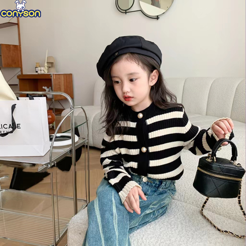 Conyson organic kids clothes spring personalized kids-designer-clothes vintage velvet core yarn striped knitted girls coat