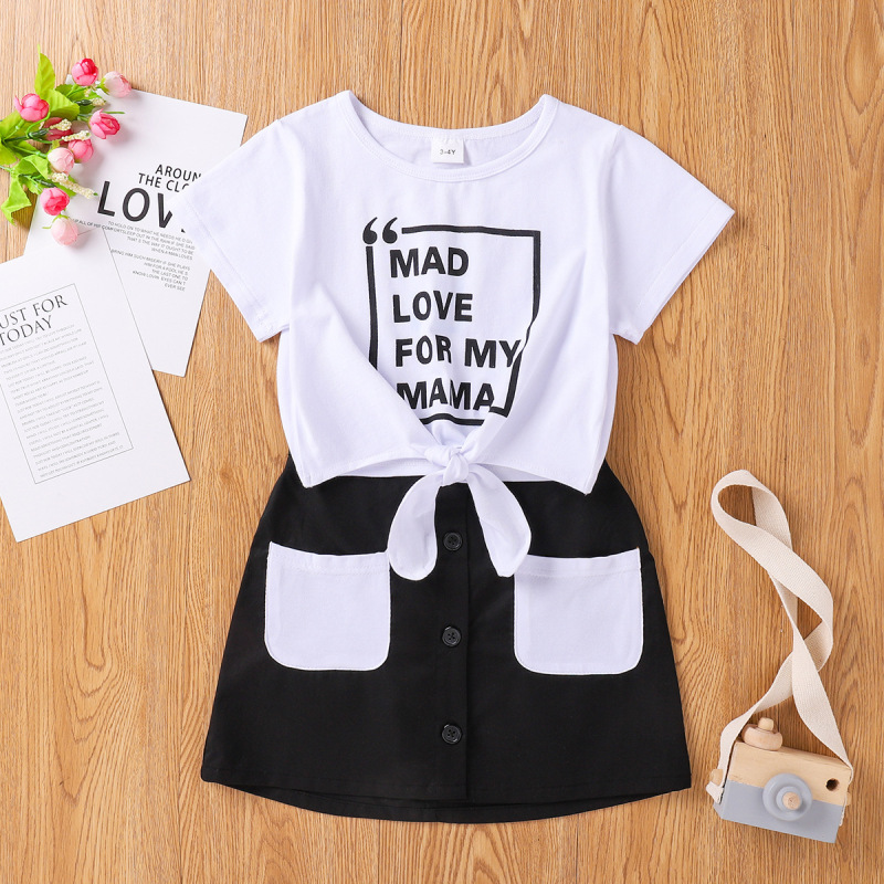 Conyson Wholesale Summer New Letter Print Tie Belt Round Neck Shirt and Pocket Skirt Kids Clothes Baby Girls 2Pcs Clothing Set