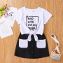 Conyson Wholesale Summer New Letter Print Tie Belt Round Neck Shirt and Pocket Skirt Kids Clothes Baby Girls 2Pcs Clothing Set