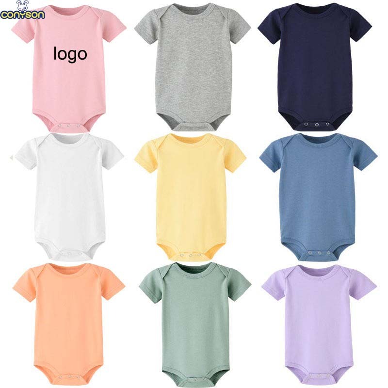 Conyson Wholesale Soft Babi Kids Rompers Unisex Baby Clothes Casual Solid 100% Cotton Short Sleeves Newborn Jumpsuits