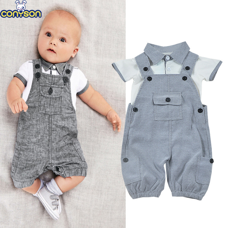Conyson Wholesale Kids Baby Clothes Summer Causal Outfit Boys Gentlemen Stand Collar Short Sleeves Shirts+Suspender Clothing Set