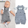 Conyson Wholesale Kids Baby Clothes Summer Causal Outfit Boys Gentlemen Stand Collar Short Sleeves Shirts+Suspender Clothing Set
