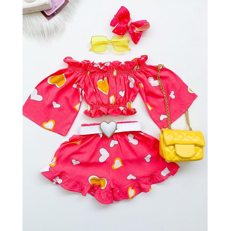 Conyson Summer Fashion Heart Print Shorts Clothes Suits Shoulder High Waist Top Shorts Flower 2pcs Littler Girl Outfits