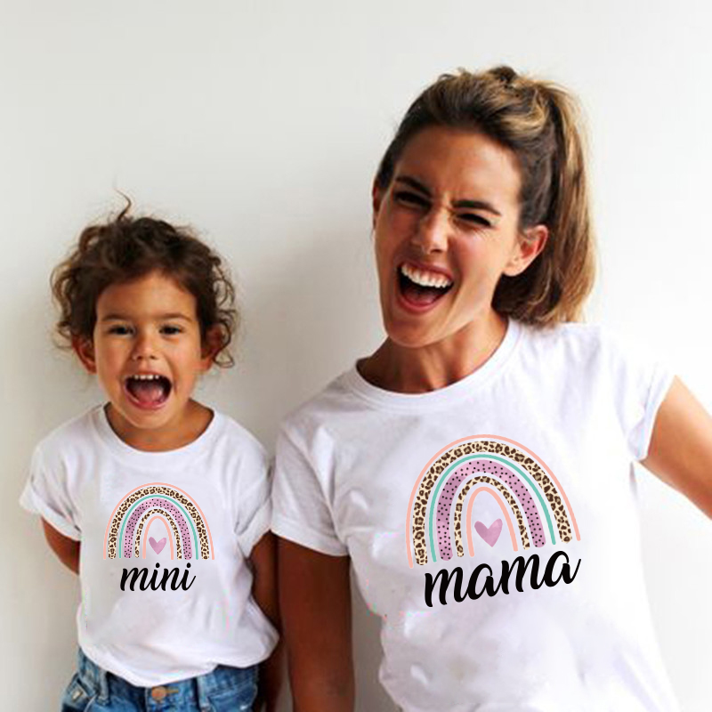 Rainbow Mother Daughter T-shirts Summer Family Matching Outfits Mom Baby Mommy and Me T-shirt Clothes Woman Girls Cotton Top