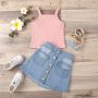 2021 New Infant Kid Girl Bright Color Sleeveless Tank Top + Denim Skirt 2 Pcs Clothing Set 1-5 T
