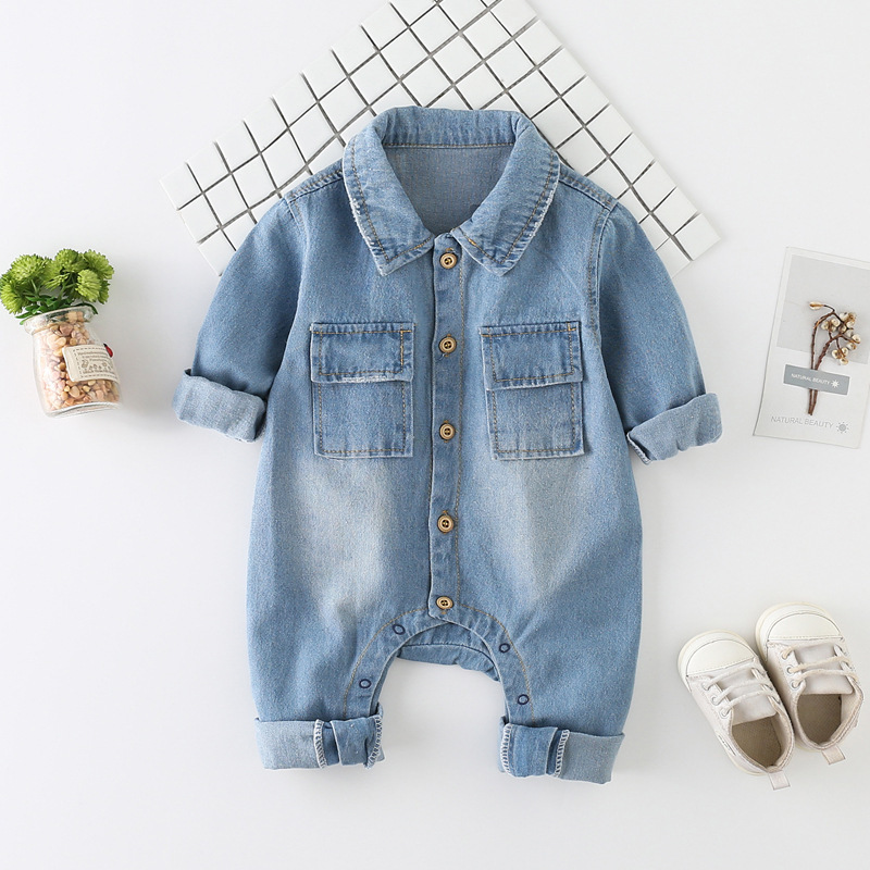 Conyson Hot Sale Organic Cotton Unisex Cowboy Long Sleeve Denim Onesie Korean Kids Clothing Baby Romper