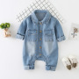Conyson Hot Sale Organic Cotton Unisex Cowboy Long Sleeve Denim Onesie Korean Kids Clothing Baby Romper