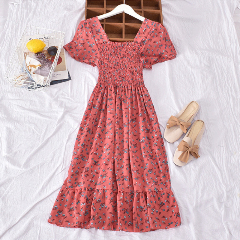 Floral Print Elastic Midi Skirt Square Collar Ruffles Short Sleeve One Piece Dress Women Elegant Casual Dresses