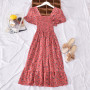 Floral Print Elastic Midi Skirt Square Collar Ruffles Short Sleeve One Piece Dress Women Elegant Casual Dresses