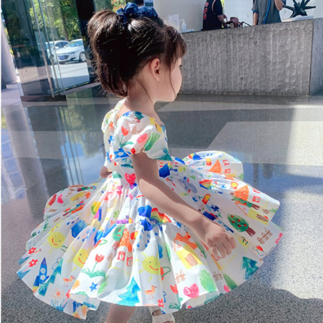 2021 summer new Korean style puff sleeve baby hot-selling children's wear Girls dress Little Kids Clothing