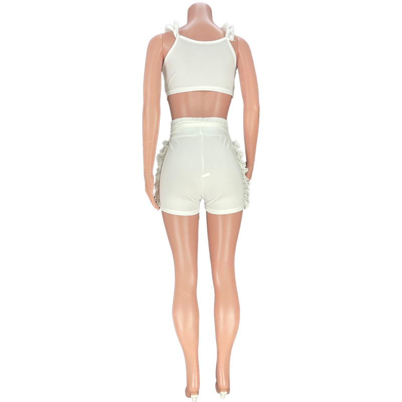 V Neck Cross Sling Ruffle Flouce Shorts Two Piece Suits Solid Colored Crops Tops Belted Sport Briefs Summer Women Sets