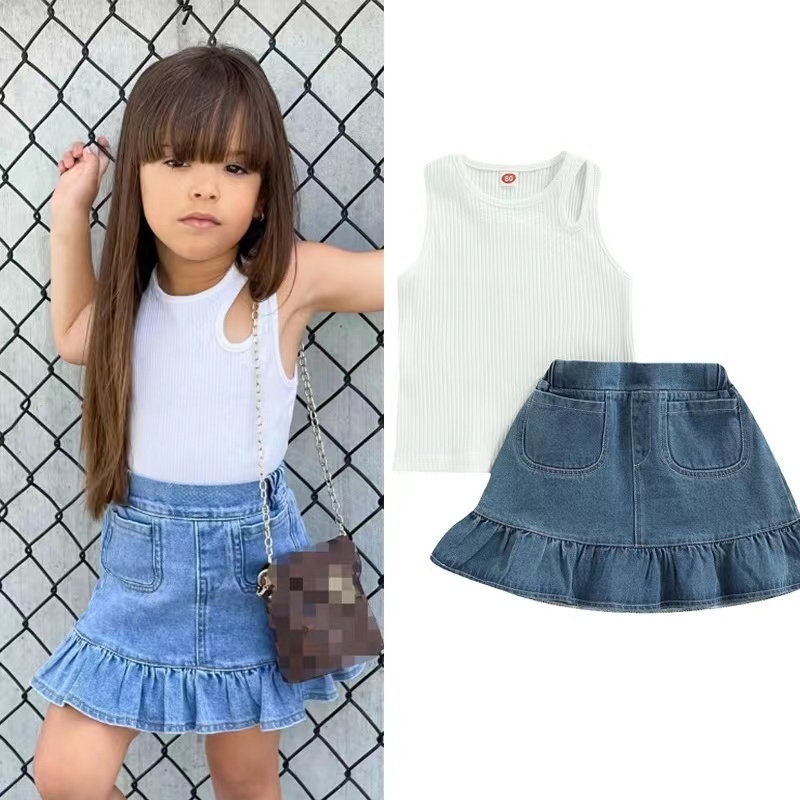 Conyson Boutique Fashion Summer Kids Girl Clothes Outfits White Sleeveless Vest Denim Flower Skirts 2 Pieces Casual Girl Suits