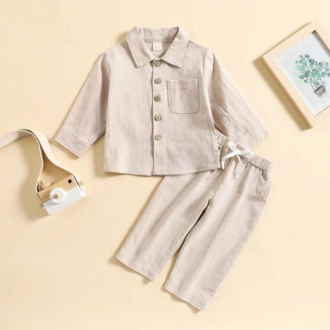 Conyson Autumn Boys' Solid Color Cotton Linen Stand up Collar Casual Comfortable Long Sleeve Trousers Two piece