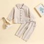 Conyson Autumn Boys' Solid Color Cotton Linen Stand up Collar Casual Comfortable Long Sleeve Trousers Two piece