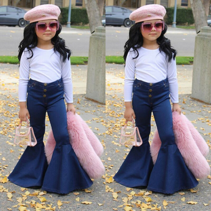 Conyson Spring Fall Bell Bottom Leggings Casual Skinny Stretchy Flared Blue Jeans Buttons Double Pocket Baby Girl Ruffle Pants
