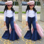 Conyson Spring Fall Bell Bottom Leggings Casual Skinny Stretchy Flared Blue Jeans Buttons Double Pocket Baby Girl Ruffle Pants