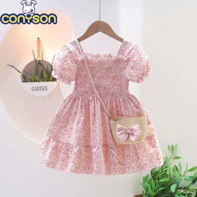 Conyson Latest Design Little Kid Girls Clothing New Style Lovely Floral Printed With Bag Summer Tops Baby Girl Lawn Dresses