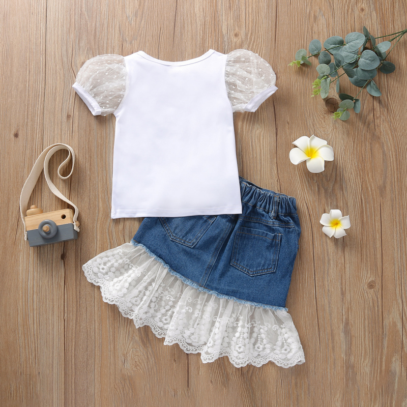Conyson Summer Fashion Kids Girl Clothes Sets Solid Lace Puff Sleeve T-Shirts Floral Ruffles Denim Skirts Two Piece Children Set