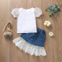 Conyson Summer Fashion Kids Girl Clothes Sets Solid Lace Puff Sleeve T-Shirts Floral Ruffles Denim Skirts Two Piece Children Set