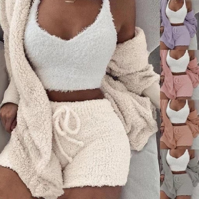 Conyson New Wholesale Plus Size Winter Suit Pjm Cozy Home Leisure 3 Pieces Crochet  long sleeve Women Sexy Matching Set